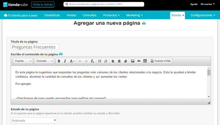 Sección de preguntas frecuentes en el administrador de tu Tienda Nube